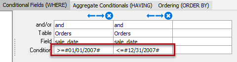 The where tab of the query. The year in each date has been changed from 2006 to 2007.